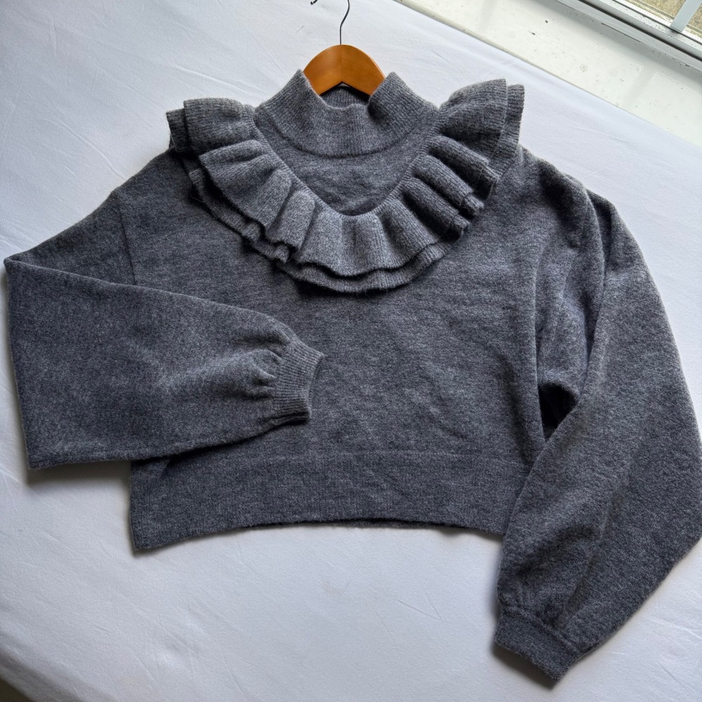 Free People Gray Wool Alpaca Blend Ruffle Mock Neck Balloon Sleeve Sweater S